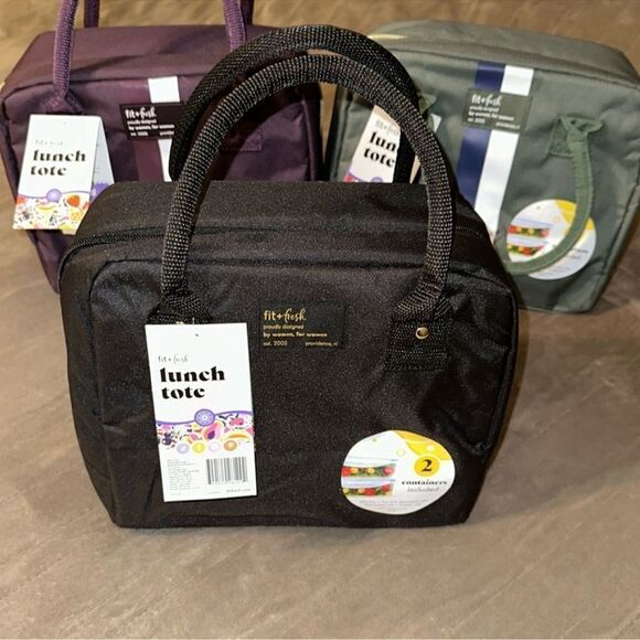fit + fresh Bloomington Solid Black Lunch Tote Bag w/ Handles 1L Container x 2 - Picture 1 of 12